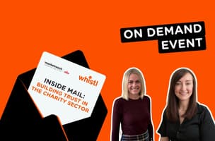 Two smiling females next to envelope advertising on-demand event on building trust in the charity sector