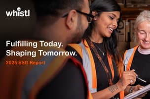 ESG 2025 Report cover image of three Whistl operational colleagues talking, wearing orange hi-visibility vests and lanyards.
