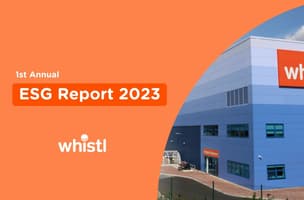 orange background with title 'ESG Report 2023' and blue Whistl warehouse