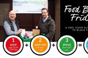 Image of two men standing in front of a sign for Newcastle Foodbank