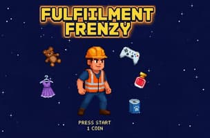 Fulfilment Frenzy main character surrounded by game items and yellow title text