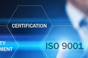 blue image with a white hexagon outline and the words certificate and iso9001 