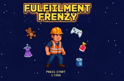 Fulfilment Frenzy main character surrounded by game items and yellow title text