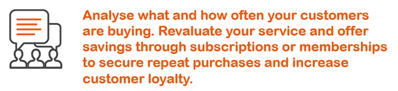 Image with quote text saying: Analyse what and how often your customers are buying. Revaluate your service and offer savings through subscriptions or memberships to secure repeat purchases and increase customer loyalty.