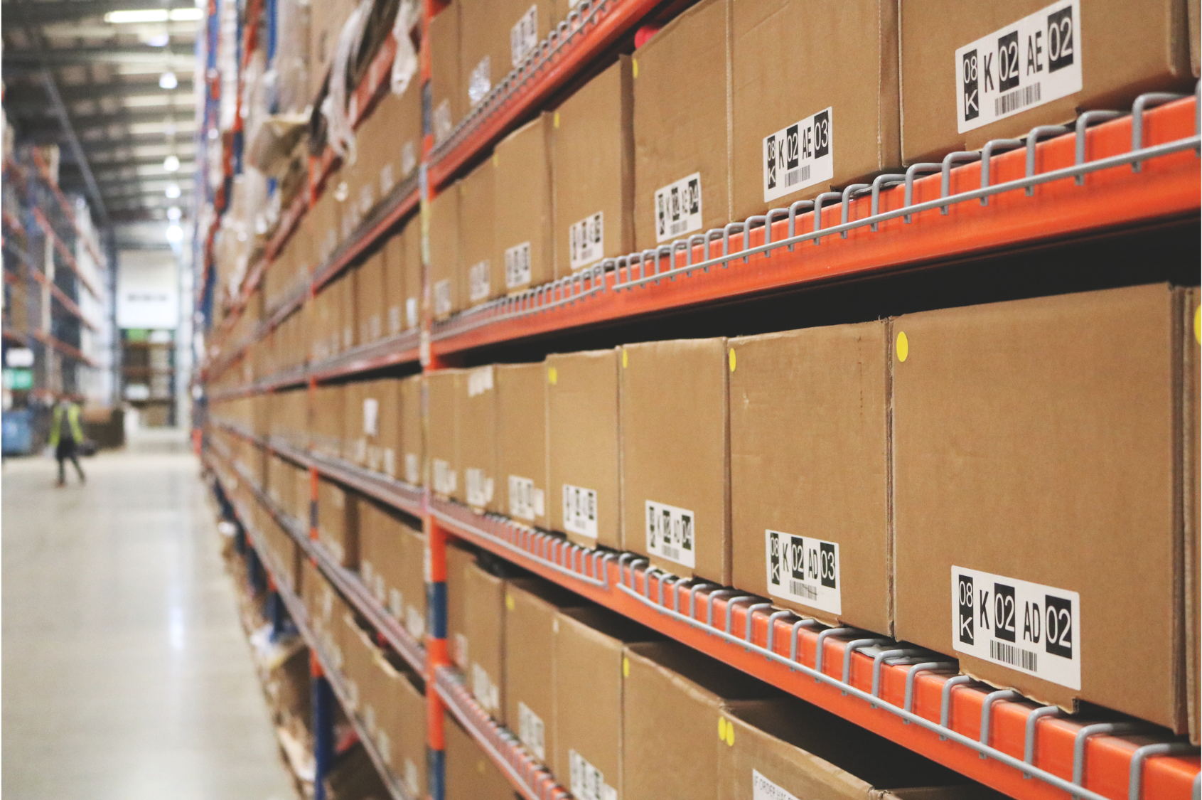 fulfilment warehouse showing boxed products on racking
